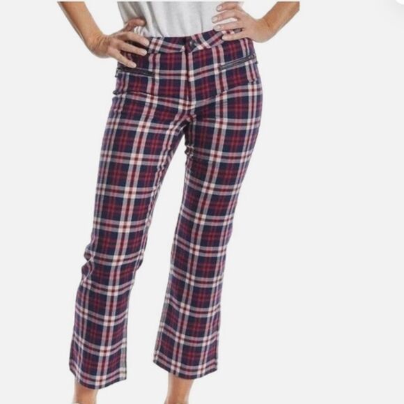 NEW Oat New York High Rise Red and Blue Plaid straight Cropped Pants - Picture 1 of 10